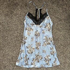 Blue Floral Lace Trim Slip Dress